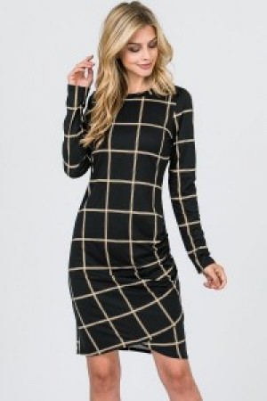 SE1001 / Apparel Net Systems, Inc.<br/>Black Grid Check Print Long Sleeve Dress