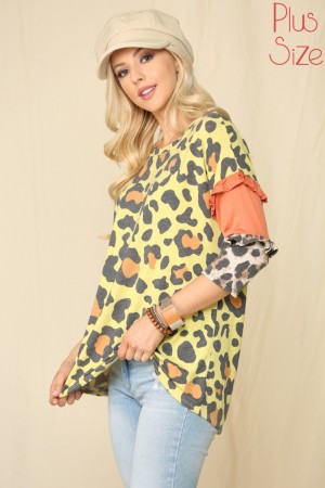 30048 / JOSHUAUSA<br/>Colorful Leopard Print Top 3/4 Ruffled Sleeve - Plus Size