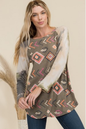 CLTCT43647H-PL / JOSHUAUSA<br/>Aztec Print Top with Tie-Dye Sleeves - PLUS SIZE