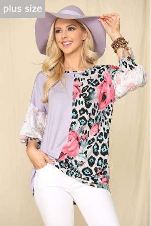 CLTCT43679A-PL / JOSHUAUSA<br/>Plus Size Women's 3/4 Sleeve Floral Print Top
