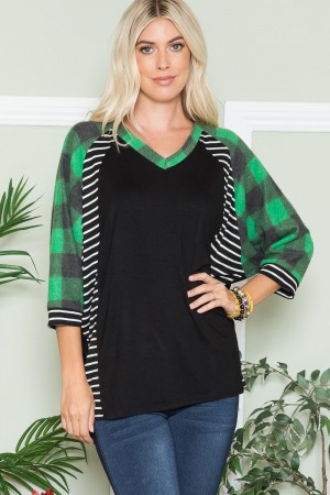 CLTCT43680G-PL / JOSHUAUSA<br/>V-Neck Top with Plaid and Stripes