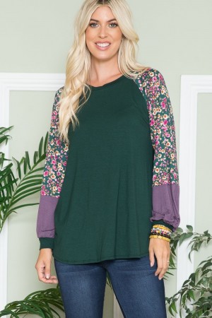 CLTCT43735A-PL / JOSHUAUSA<br/>Long Sleeve Top with Floral Sleeves